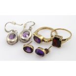9ct amethyst ring with earrings along with another 9ct ring and non matching white metal earrings