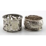 Two silver napkin rings, they bear hallmarks for Birmingham, 1895 and 1901 (one has very rubbed