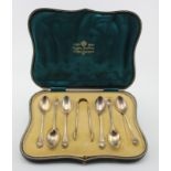 Silver six teaspoons & pair of sugar tongs, hallmarked 'GJ DF, London 1908' (George Maudsley Jackson