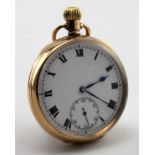 Gents 9ct cased open face pocket watch, hallmarked Birmingham 1919. The white dial with bold roman