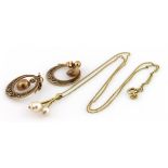 9ct yellow gold drop earrings, weight 4.0g. 9ct yellow gold and pearl pendant and fine chain, weight