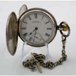 Gents silver full hunter pocket watch by Waltham, hallmarked Birmingham 1899. The white dial with