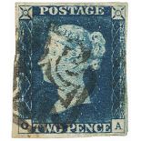 GB - 1840 2d blue Plate 1 (O-A) var.d (shifted transfer) four margins, no thins or creases, cat £