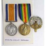 BWM & Victory Medal to 37978 Pte S Manley Hampshire Regt. With Cap badge