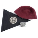 German SS Fez (no badge) with SS belt and SS triangular pennant.