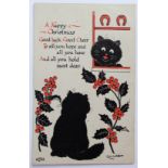 Louis Wain cats postcard - Alphalsa: Happy Christmas Good Luck horseshoe and black cat.
