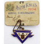 Manchester (Race Course) 1938 enamelled pass No 318, and Ascot Races 1934 Royal Enclosure pass Ladys