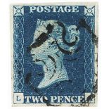 GB - 1840 2d Blue Plate 2 (L-A) Var.d (double letter) four margins, no faults, very fine used,