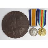 BWM & Victory Medals with memorial plaque to 1587 L/Cpl Bertie Dickenson 1st 3rd Bn. London Reg,