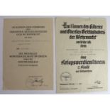 German award certificates for the Eastern Front medal and War Merit Cross with Swords awarded to