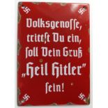 German WW2 small Dolksgenoffe enamel wall plaque. Some age wear and light rusting.