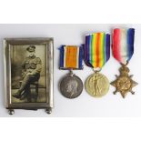 1915 Star Trio to 15377 L.Cpl A J Hardy East Yorks Regt. With photo in frame. (3)