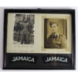 RAF rare Jamaica cloth titles in frame with photos of the owner A/G Sgt Roy Cardener.