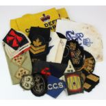 Cloth badges - lot of approx 27 items - 25 cloth (various) + 2 cloth Civil Defence Arm Bands