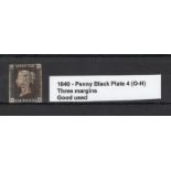 GB - 1840 Penny Black Plate 4 (O-H) three margins, Good used cat £400