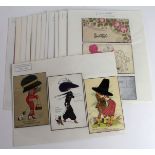 Novelty postcards, select fun group including cloth hats, perfumed sachet cards, move lever to