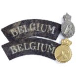 RAF interest a pair of Belgium shoulder titles in RAF blue plus 2x Belgian Air Raid protection lapel