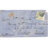 GB postal history 1879 cover to Brazil franked 1877 4d sage-green Plate 16, SG.153, with Cardigan