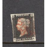 GB 1840 1d Penny Black (G-A) identified as likely Plate 1b, 3 margins, no tears thins or creases,