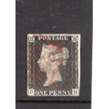 GB 1840 1d Penny Black (C-D) identified as likely Plate 6, 4 margins, no tears thins or creases, red