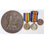 BWM & Victory medals with memorial plaque, ID tag to 50121 Pte S Coulspn 9th Bn Royal Fusiliers K in
