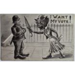 Suffragette postcard. Comic humour in style of Louis Wain. "I Want my Vote." Political social