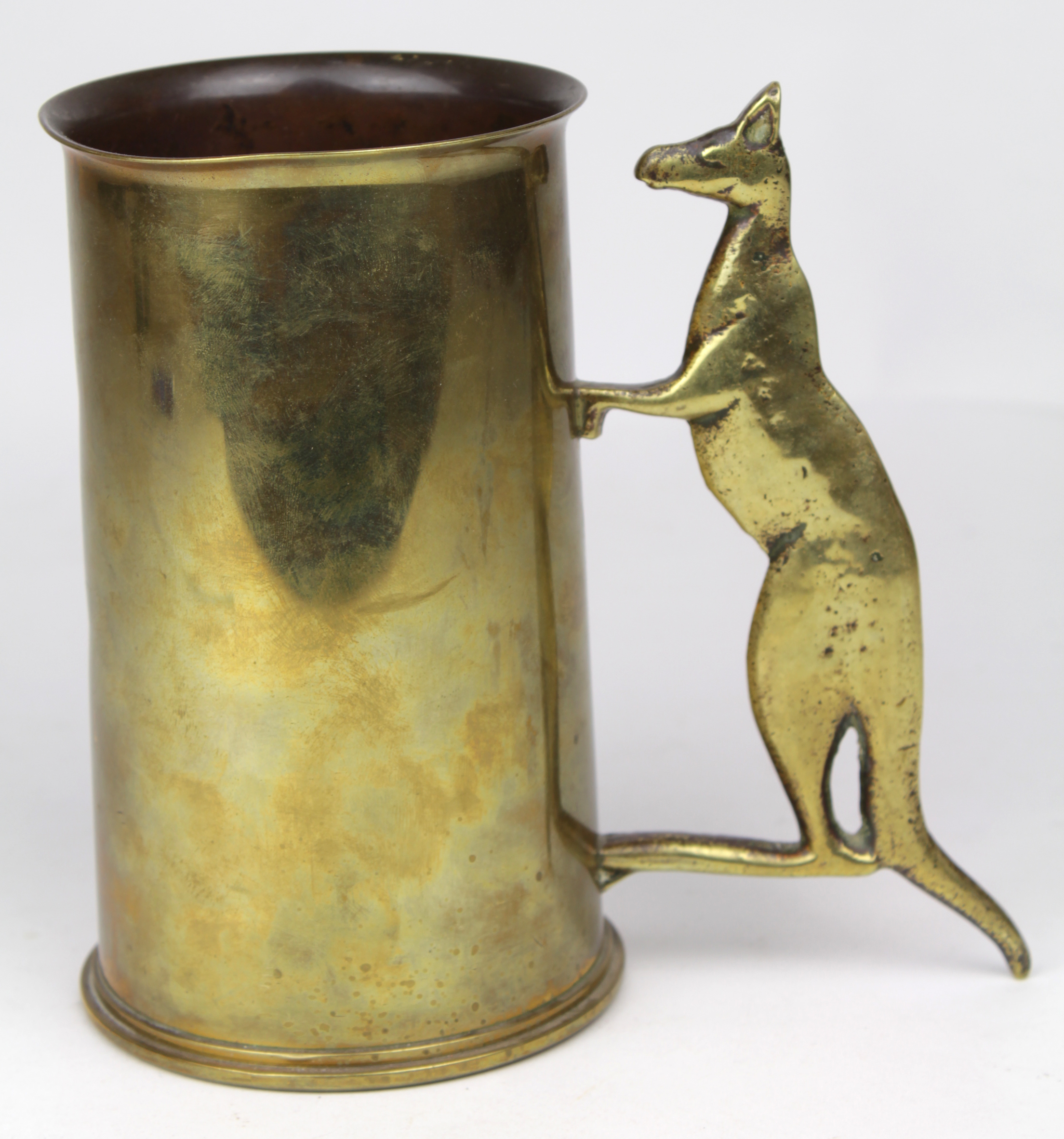 Australian Trench Art - shell case tankard with kangaroo handle, base dated 1940 and engraved '