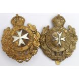 Badges - original Kings Own Malta Regt. brass & white metal hat badges, one with an unbending slider