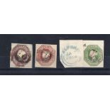 GB 1847-54 QV embossed stamps trio, 6d, 10d 1s, each cut-to-shape on small pieces.