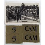 Home Guard 5 Cam (Cambridgeshire) unused pair of cloth div patches with photo of the bn on parade.