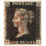 GB - 1840 Penny Black Plate 6 (P-I) four good even margins, has a very minor shallow thin, fine