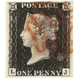 GB - 1840 Penny Black Plate 2 (L-J) four good to large margins, grey stains ? on front, no thins
