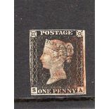 GB 1840 1d Penny Black (S-A) identified as likely Plate 4, 3 margins, no tears thins or creases, red