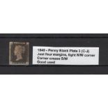GB - 1840 Penny Black Plate 3 (C-J) just four margins, tight N/W corner. Corner crease S/W. Good