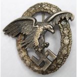 German Luftwaffe Observers badge, maker marked "A" for Assman