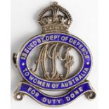 Australian interest - pin badge (pin missing, slight bend). 'Issued bt Dept of Defence to Women of