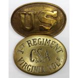American Civil War belt buckles, US and CSA examples in brass, likely old copies, show age