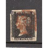 GB 1840 1d Penny Black (L-H) identified as likely Plate 1b, 4 margins but cut into design at upper-