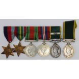 Group mounted as worn - 1939-45 Star, Pacific Star, Defence & War Medals, GVI Efficiency Medal