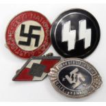 German SS lapel badges with Nazi party lapel badge and Hitler Youth lapel badge.