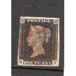GB 1840 1d Penny Black (K-B) identified as likely Plate 3, virtually 4 margins but close at top-left
