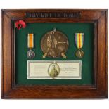 BWM & Victory Medal + Death Plaque and memorial card with photo all housed in a heavy contemporary