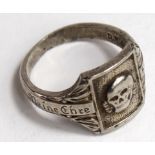 German Mans finger ring, "Meine Ehre Heist Treue" with Deaths Head to front, DRGM & SS stamped to