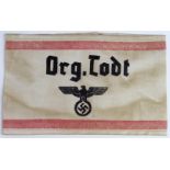 WW2 Style German Organisation Todt Labourers Armband with fact sheet and picture.