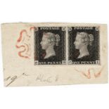 GB - 1840 Penny Black Plate 8 PAIR (CH-CI) Good margins all round. Tied to piece by two delicate