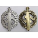 German SA sports badges in bronze and silver both maker marked.