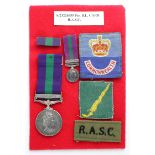 GSM QE2 with Malaya clasp to (S/23226955 Pte B L Carr RASC). With miniature medal and cloth badges