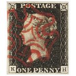 GB - 1840 Penny Black Plate 2 (K-H) four margins, good strike red MX, thin patch, Good used, cat £