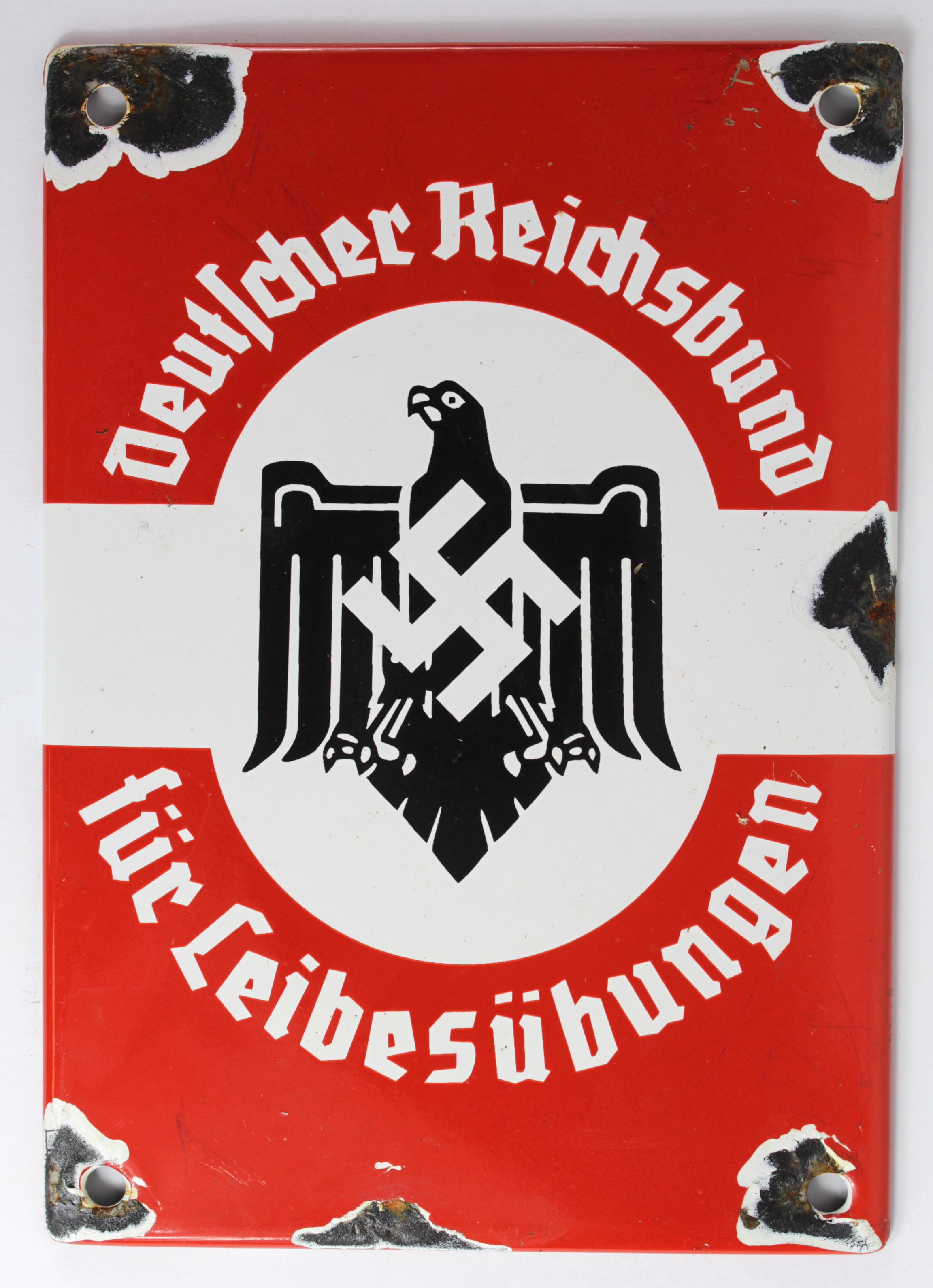 German enamelled plaque Deutfcher Reichsbund fur Leibesubugen some damage and rust to the face