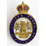 Badge: Northampton Citizen Corps WW1 V.T.C gilt and enamel cap badge in superb condition complete